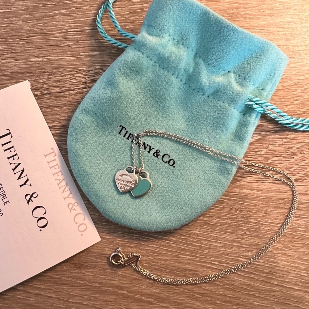 Tiffany blue double heart tag pendant silver necklace
